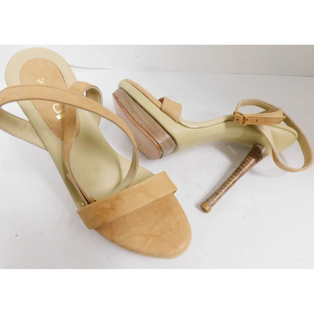 XTC Melrose Beige Leather Platform Strappy Ankle Strap Heels sz 8